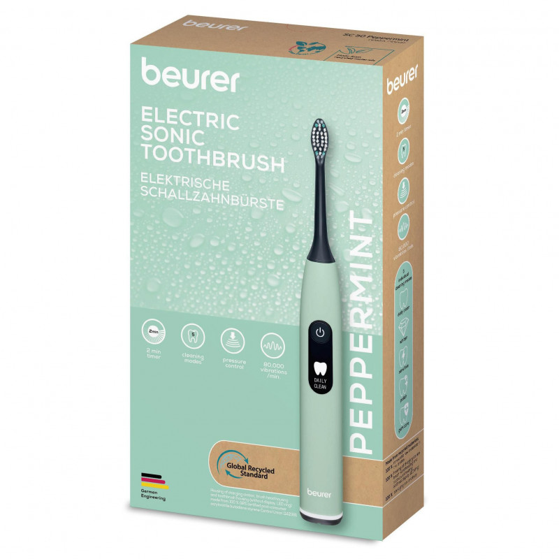 Periuta de dinti electrica sonica Beurer SC 50, 80000 rpm, 5 moduri, Timer, Autonomie 22 zile, Afisaj LED, Tip-C + Placa magnetica, Verde