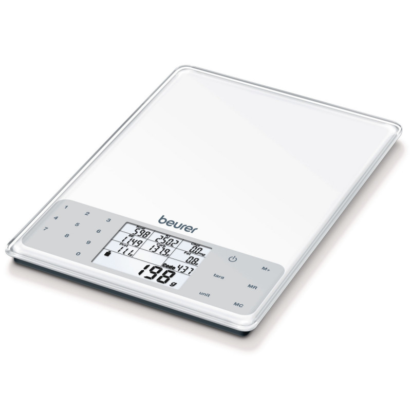 Cantar de bucatarie Beurer DS 61, Pana la 5 kg, Tare, Touch, Sticla, Analiza nutritionala a 950 de alimente, Memorie, Transparent/Gri