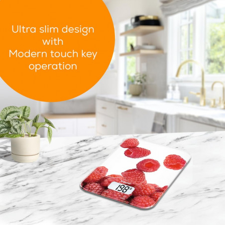 Cantar de bucatarie Beurer KS 19 Berry, Pana la 5 kg, Tare, Control tactil, LCD, Sticla, Rosu