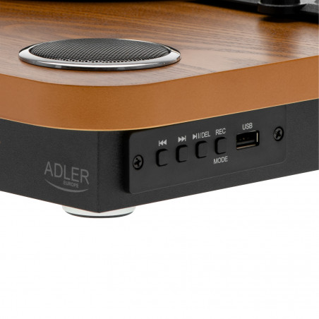 Pick-up cu difuzoare incorporate Adler AD 1914, Semiautomat, 7"/10"/12", Adaptor 45 RPM, RCA, Bluetooth 5.4, USB Inregistrare, Lemn / Negru