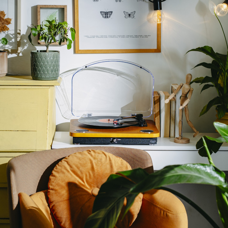 Pick-up cu difuzoare incorporate Adler AD 1914, Semiautomat, 7"/10"/12", Adaptor 45 RPM, RCA, Bluetooth 5.4, USB Inregistrare, Lemn / Negru