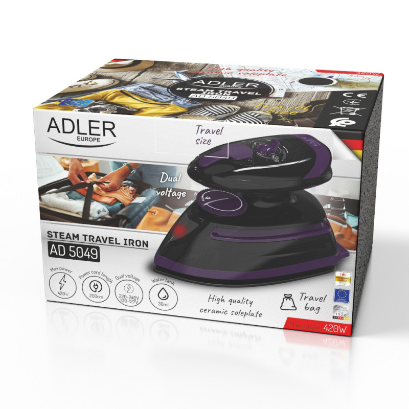 Fier de ca lcat cu abur de calatorie Adler AD 5049, 420 W, 30 ml, Placa ceramica, Abur/uscat, Negru/Violet