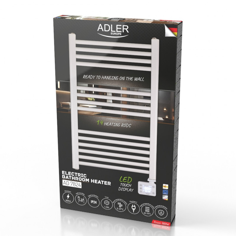 Calorifer pentru baie Adler AD 7824, 600W, 13 elementi, Panou de control LED, IP24, Alb