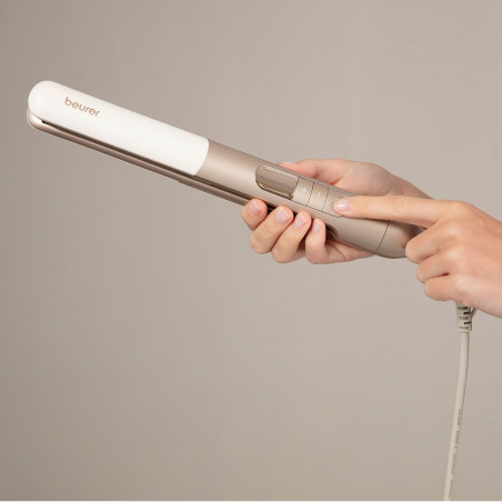 Placa pentru indreptat parul Beurer HS 70, 43W, Acoperire ceramica, Ionizare, 100-220°C, Afisaj LED, Bej