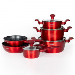 Set de oale si tigai Royalty Line FD10, 10 piese, Aluminiu turnat, Acoperire din marmura Greblon, Inductie, Rosu