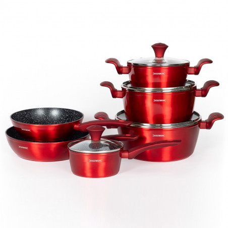 Set de oale si tigai Royalty Line FD10, 10 piese, Aluminiu turnat, Acoperire din marmura Greblon, Inductie, Rosu