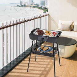 Gratar electric Royalty Line RL-SBGT2000, 2000W, 38x28 cm, Suport pliabil, 200°C, Termostat, Tava de scurgere, Negru