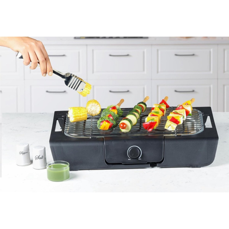 Gratar electric Royalty Line RL-SBGT2000, 2000W, 38x28 cm, Suport pliabil, 200°C, Termostat, Tava de scurgere, Negru