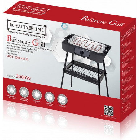 Gratar electric Royalty Line RL-SBGT2000, 2000W, 38x28 cm, Suport pliabil, 200°C, Termostat, Tava de scurgere, Negru