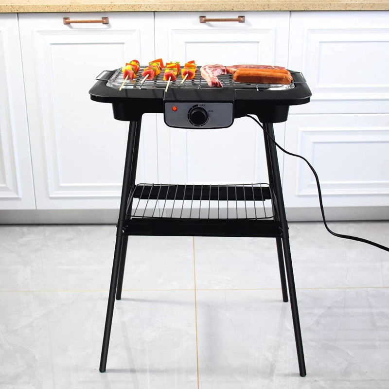 Gratar electric Royalty Line RL-SBGT2000, 2000W, 38x28 cm, Suport pliabil, 200°C, Termostat, Tava de scurgere, Negru