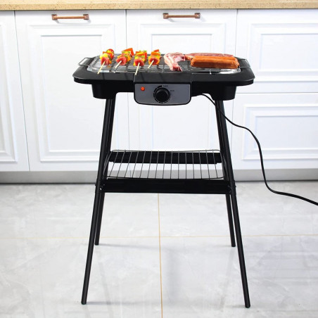 Gratar electric Royalty Line RL-SBGT2000, 2000W, 38x28 cm, Suport pliabil, 200°C, Termostat, Tava de scurgere, Negru