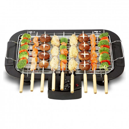 Gratar electric Royalty Line RL-SBGT2000, 2000W, 38x28 cm, Suport pliabil, 200°C, Termostat, Tava de scurgere, Negru