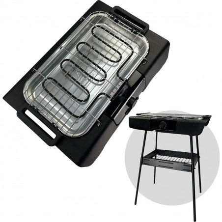 Gratar electric Royalty Line RL-SBGT2000, 2000W, 38x28 cm, Suport pliabil, 200°C, Termostat, Tava de scurgere, Negru