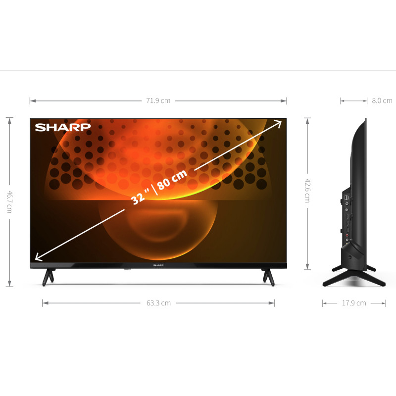 Smart televizor Sharp 32DI6EAAEUR, 32", 80 cm, 1366x768 HD Ready, Android TV™ 11, Wi-Fi, Game Mode, Bluetooth, 3 HDMI, VESA 100x100mm, Negru