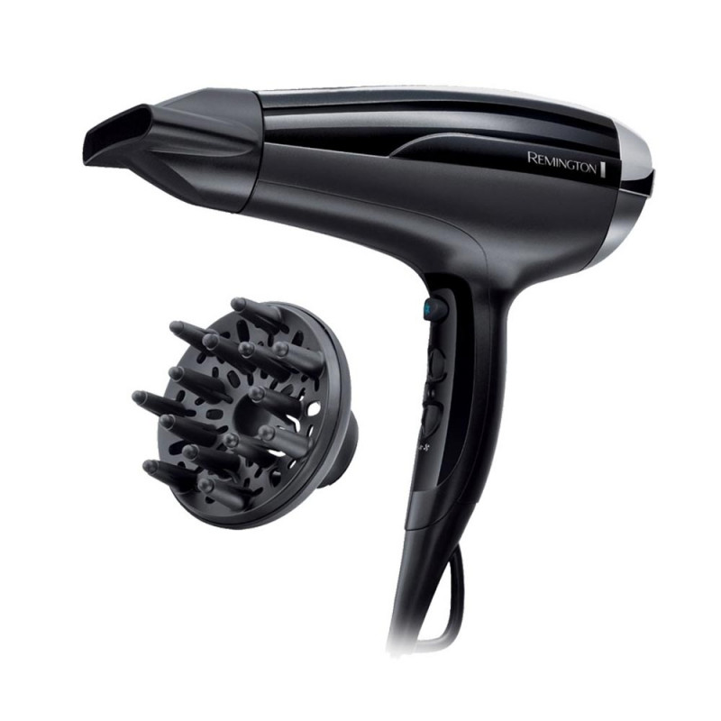 Uscator de par Remington D5215 Pro Air Shine, 2300W, 2 viteze, 3 trepte, Sistem ionic, 85 km/h, Grila ceramica, Negru