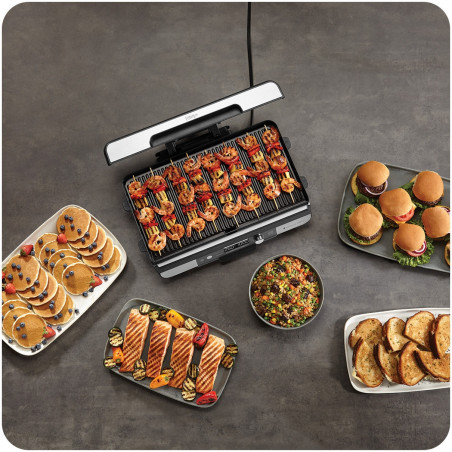 Grătar electric Ninja Sizzle Pro XL GX101EU, 1800W, 120°-260°C, 2 pliante ceramice, 10 burgeri, ProTemp IQ, Capac de schimb, Ceren/Inox