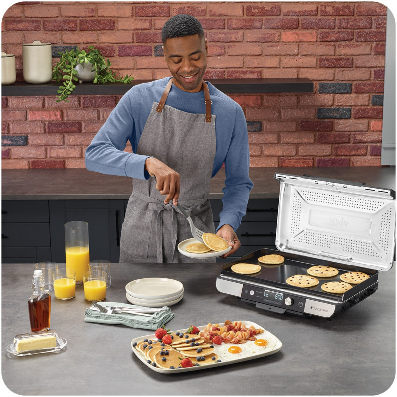 Grătar electric Ninja Sizzle Pro XL GX101EU, 1800W, 120°-260°C, 2 pliante ceramice, 10 burgeri, ProTemp IQ, Capac de schimb, Ceren/Inox