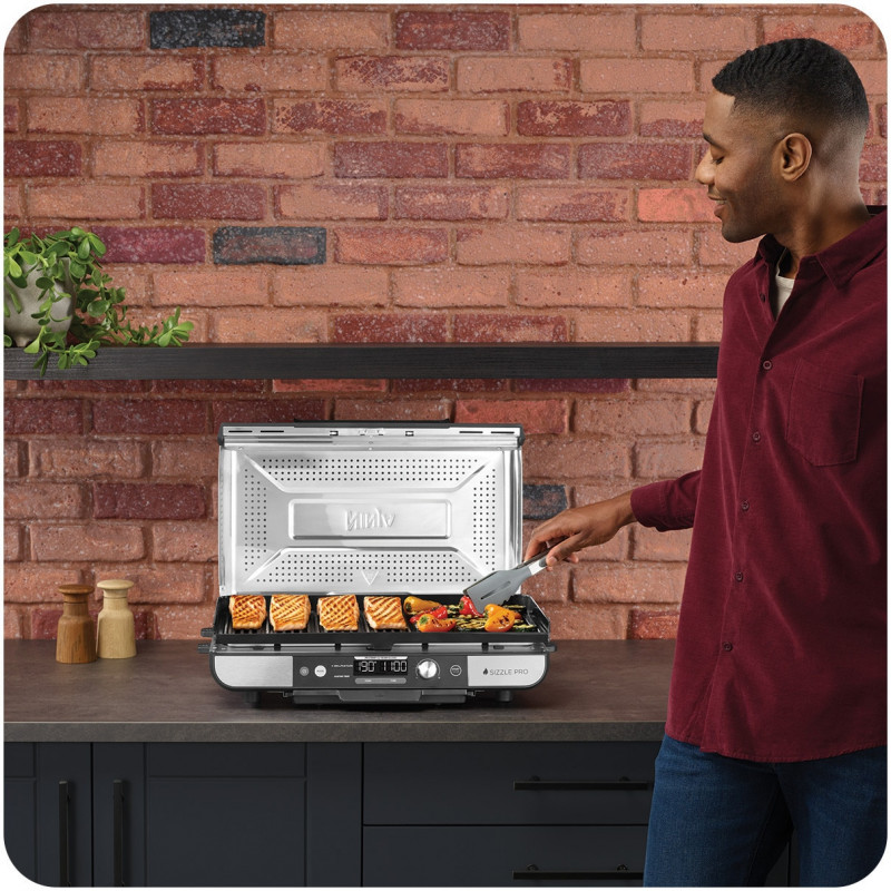 Grătar electric Ninja Sizzle Pro XL GX101EU, 1800W, 120°-260°C, 2 pliante ceramice, 10 burgeri, ProTemp IQ, Capac de schimb, Ceren/Inox