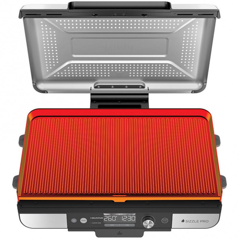 Grătar electric Ninja Sizzle Pro XL GX101EU, 1800W, 120°-260°C, 2 pliante ceramice, 10 burgeri, ProTemp IQ, Capac de schimb, Ceren/Inox