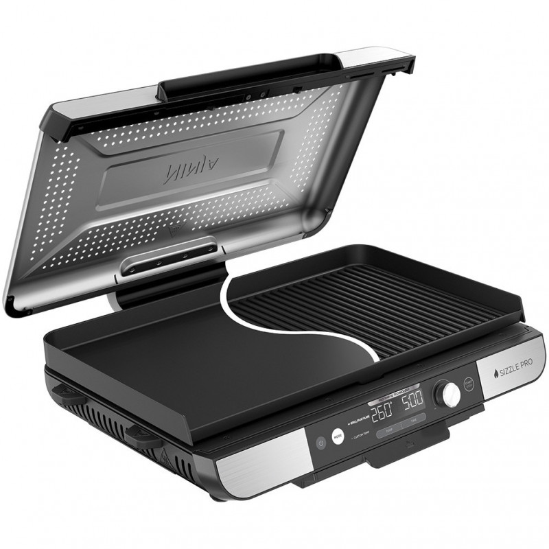Grătar electric Ninja Sizzle Pro XL GX101EU, 1800W, 120°-260°C, 2 pliante ceramice, 10 burgeri, ProTemp IQ, Capac de schimb, Ceren/Inox