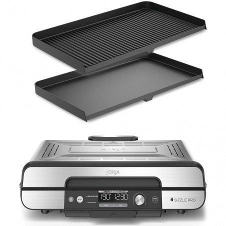 Grătar electric Ninja Sizzle Pro XL GX101EU, 1800W, 120°-260°C, 2 pliante ceramice, 10 burgeri, ProTemp IQ, Capac de schimb, Ceren/Inox