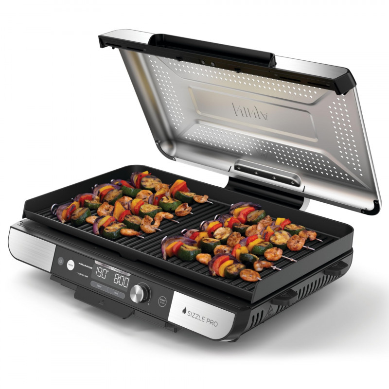 Grătar electric Ninja Sizzle Pro XL GX101EU, 1800W, 120°-260°C, 2 pliante ceramice, 10 burgeri, ProTemp IQ, Capac de schimb, Ceren/Inox