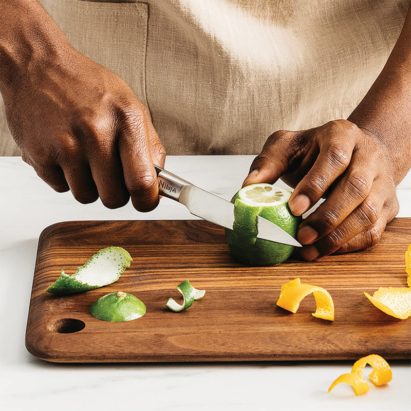 Set cutite cu suport Ninja Foodi StaySharp K32006EU, 6 piese, Otel forjat, Mаner ergonomic, Negru/Inox