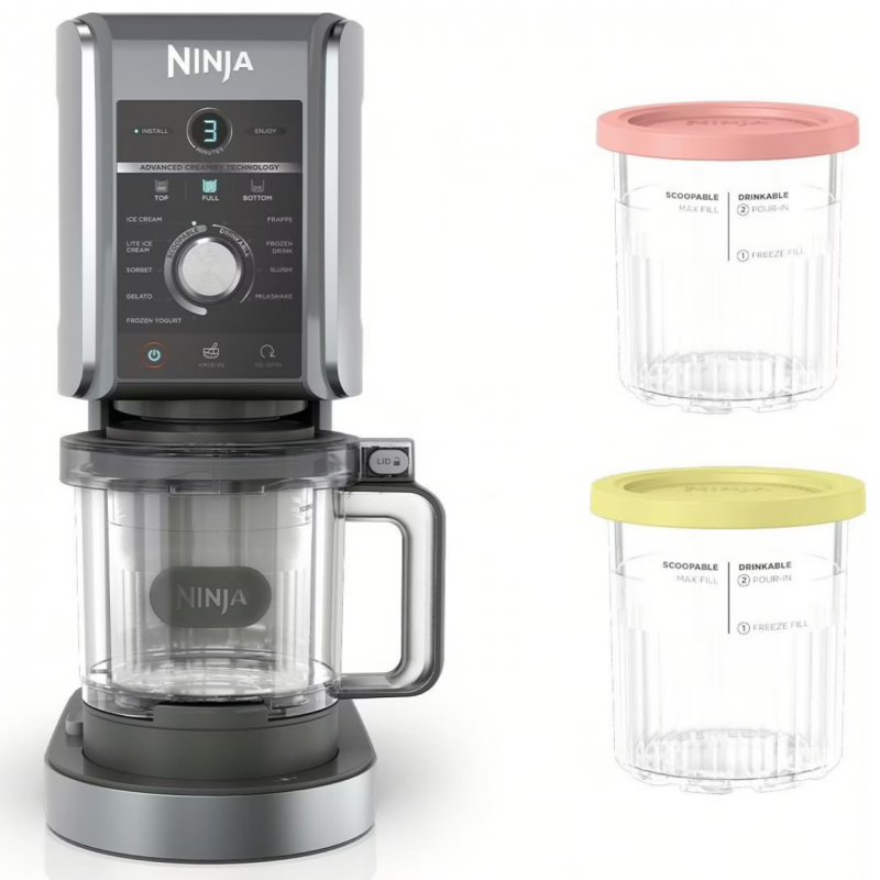 Set recipiente pentru inghetata Ninja Creami XSKPNTLD2EUUK, 2x500 ml, Fara BPA, Etanse, Coral/Galben