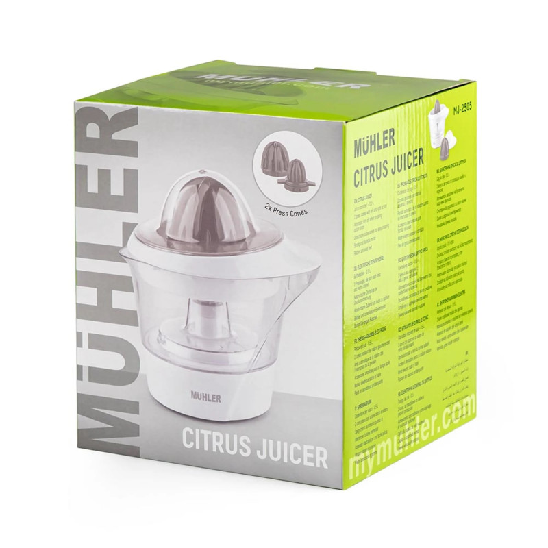 Presă pentru citrice Muhler MJ-2505, 25W, 0,5 l, mișcare bidirecțională, 2 conuri, alb