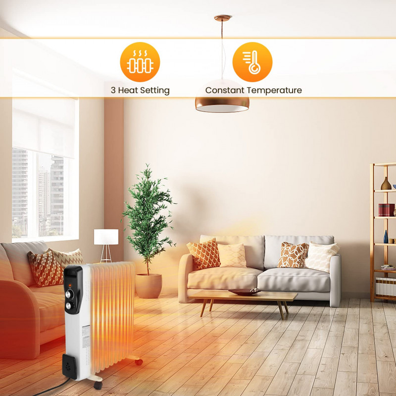 Radiator pe ulei Sailnovo NSC-250-11F1, 2500W, 11 vertebre, 30 m², 3 trepte, 360 roți pivotante, 10-35°C, Alb