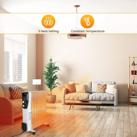 Radiator pe ulei Sailnovo NSC-250-11F1, 2500W, 11 vertebre, 30 m², 3 trepte, 360 roți pivotante, 10-35°C, Alb