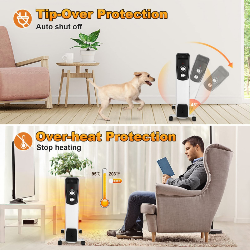 Radiator pe ulei Sailnovo NSC-250-11F1, 2500W, 11 vertebre, 30 m², 3 trepte, 360 roți pivotante, 10-35°C, Alb