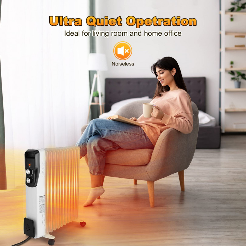 Radiator pe ulei Sailnovo NSC-250-11F1, 2500W, 11 vertebre, 30 m², 3 trepte, 360 roți pivotante, 10-35°C, Alb