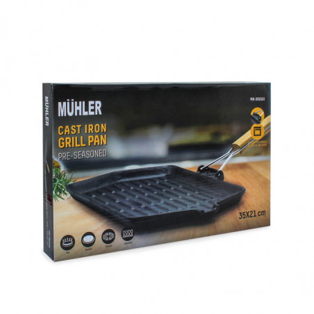 Tigaie grill Muhler Tika MR-3521CI, 35x21 cm, Fonta, Maner din lemn pliabil, Inductie, Negru