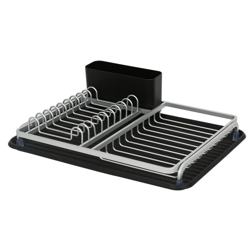 Uscător de vase Luigi Ferrero FR-3932A, 43x32x12 cm, rezistent la coroziune, raft cu 3 compartimente, tavă de scurgere, negru/argintiu