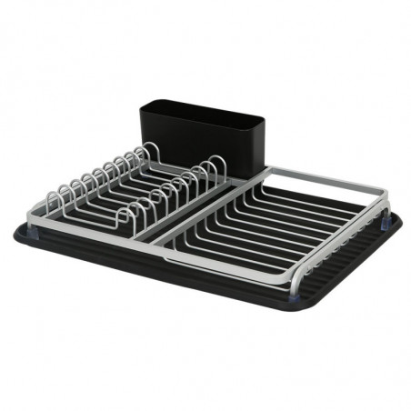 Uscător de vase Luigi Ferrero FR-3932A, 43x32x12 cm, rezistent la coroziune, raft cu 3 compartimente, tavă de scurgere, negru/argintiu