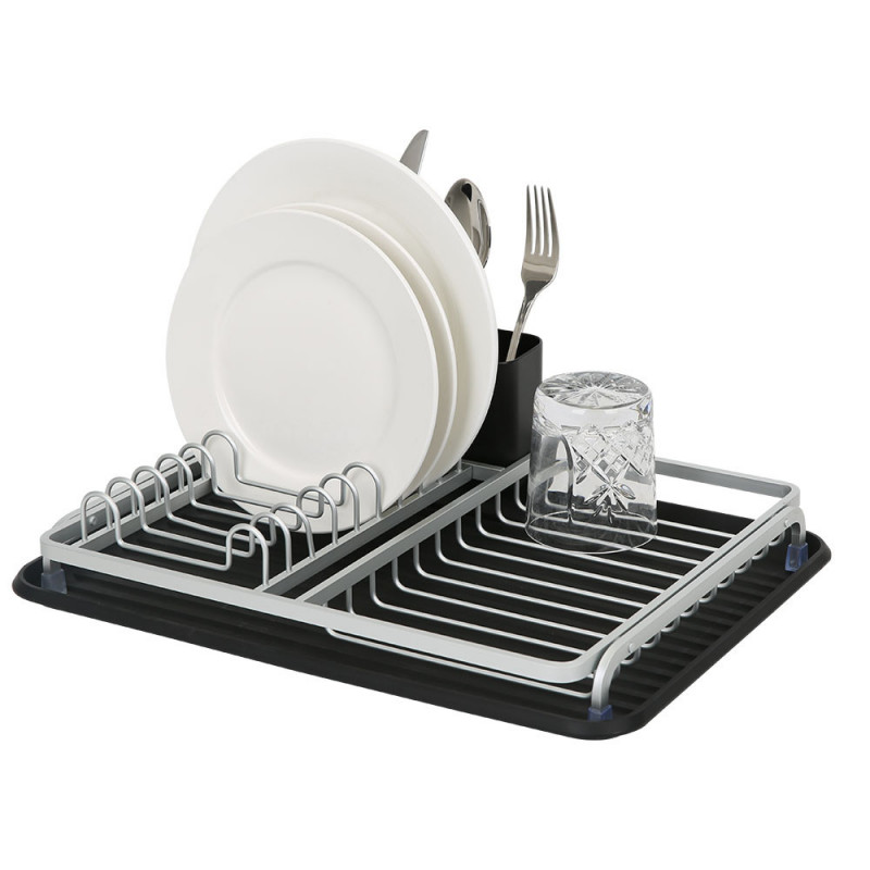 Uscător de vase Luigi Ferrero FR-3932A, 43x32x12 cm, rezistent la coroziune, raft cu 3 compartimente, tavă de scurgere, negru/argintiu