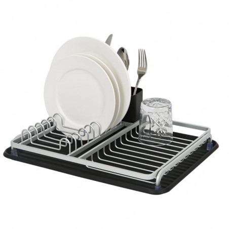 Uscător de vase Luigi Ferrero FR-3932A, 43x32x12 cm, rezistent la coroziune, raft cu 3 compartimente, tavă de scurgere, negru/argintiu