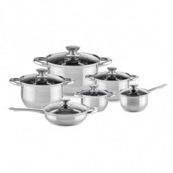 Set de oale Muhler MR-1242, 12 piese, Otel inoxidabil, Fund in trei straturi, Manere reci, Capace din sticla, Inductie, Argintiu