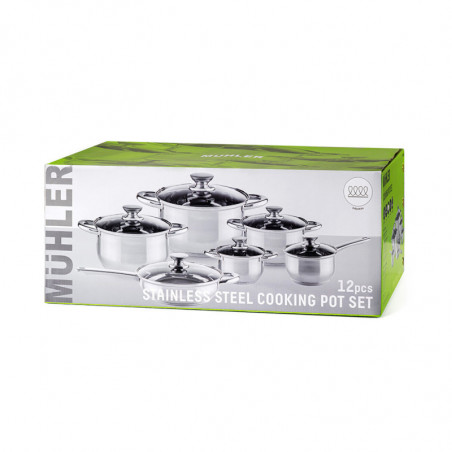 Set de oale Muhler MR-1242, 12 piese, Otel inoxidabil, Fund in trei straturi, Manere reci, Capace din sticla, Inductie, Argintiu