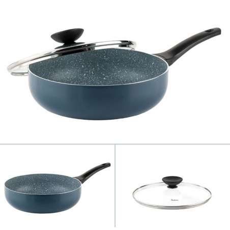 Tigaie adanca cu capac Luigi Ferrero Prima FR-2634L, 26x7.5 cm, 3.4 L, Acoperire antiaderenta cu efect de marmura, Capac sticla, Inductie, Albastru inchis