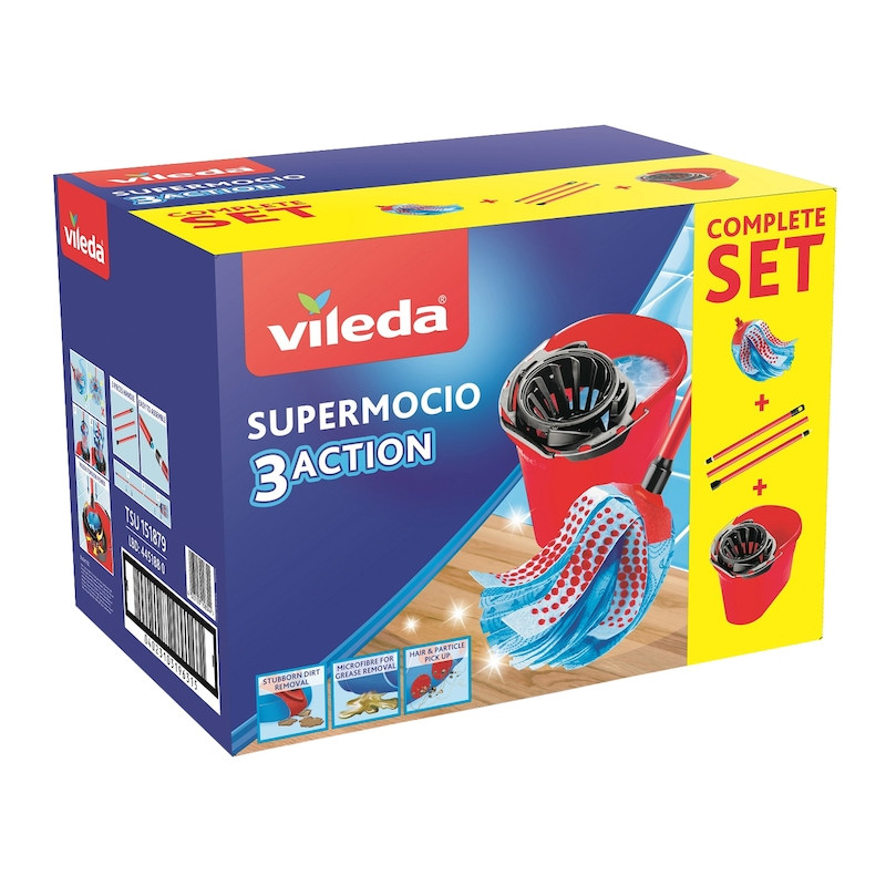 Set de curățat podele Vileda Super Mocio, 3 bucăți, 10 l, mecanism de scurgere, roșu