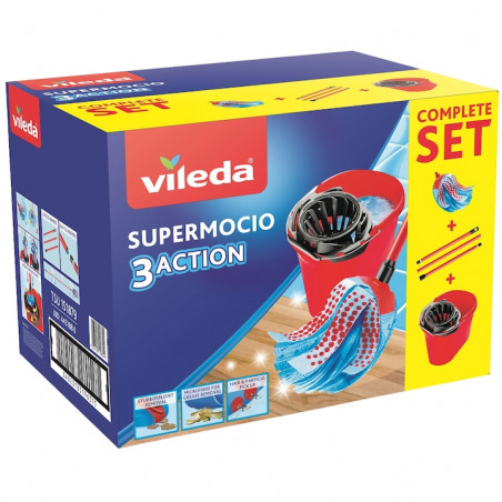 Set de curățat podele Vileda Super Mocio, 3 bucăți, 10 l, mecanism de scurgere, roșu