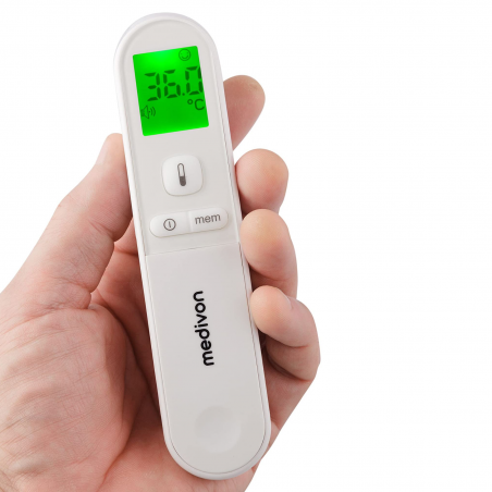 Termometru digital de frunte Medivon Timi Smart Verona, Infrarosu, Pentru copii, Masurare pentru 1 sec., Memorie, Indicatie color, LCD, Sunet, Laser, Alb