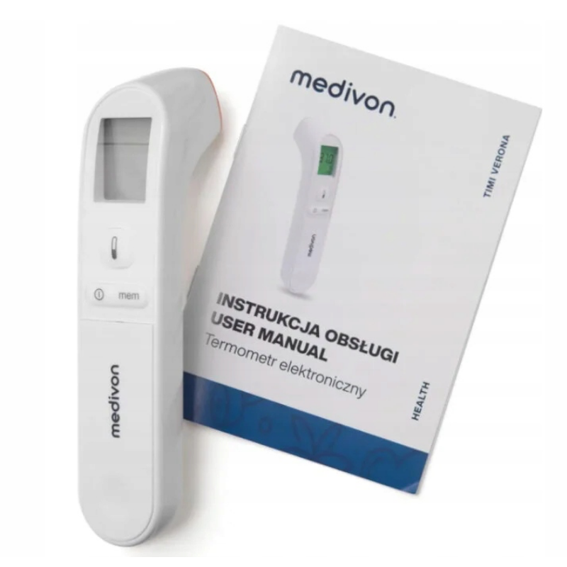 Termometru digital de frunte Medivon Timi Smart Verona, Infrarosu, Pentru copii, Masurare pentru 1 sec., Memorie, Indicatie color, LCD, Sunet, Laser, Alb