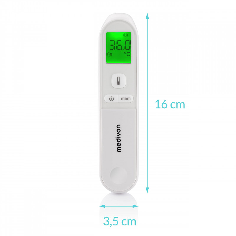 Termometru digital de frunte Medivon Timi Smart Verona, Infrarosu, Pentru copii, Masurare pentru 1 sec., Memorie, Indicatie color, LCD, Sunet, Laser, Alb