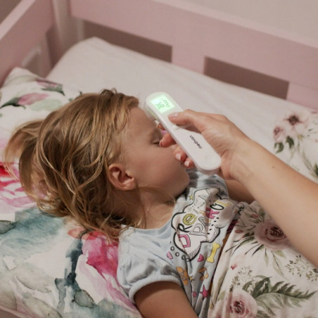 Termometru digital de frunte Medivon Timi Smart Verona, Infrarosu, Pentru copii, Masurare pentru 1 sec., Memorie, Indicatie color, LCD, Sunet, Laser, Alb