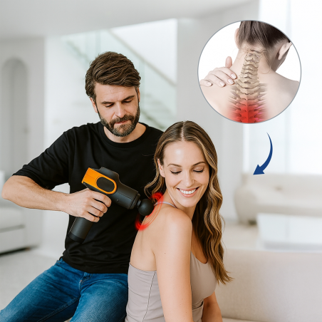 Pistol de masaj Medivon Gun Vital, 18W, Perkusionen / masaj cu vibrații, 6 masaje, Zagryavane, drenaj limfatic, Stagane, Negru / portocaliu