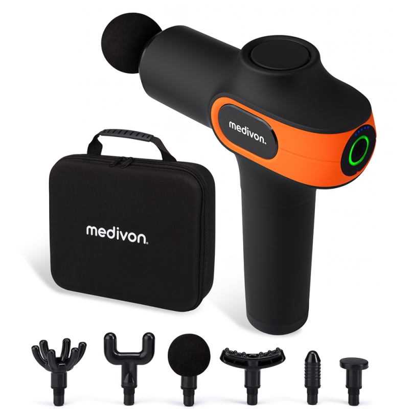 Pistol de masaj Medivon Gun Vital, 18W, Perkusionen / masaj cu vibrații, 6 masaje, Zagryavane, drenaj limfatic, Stagane, Negru / portocaliu