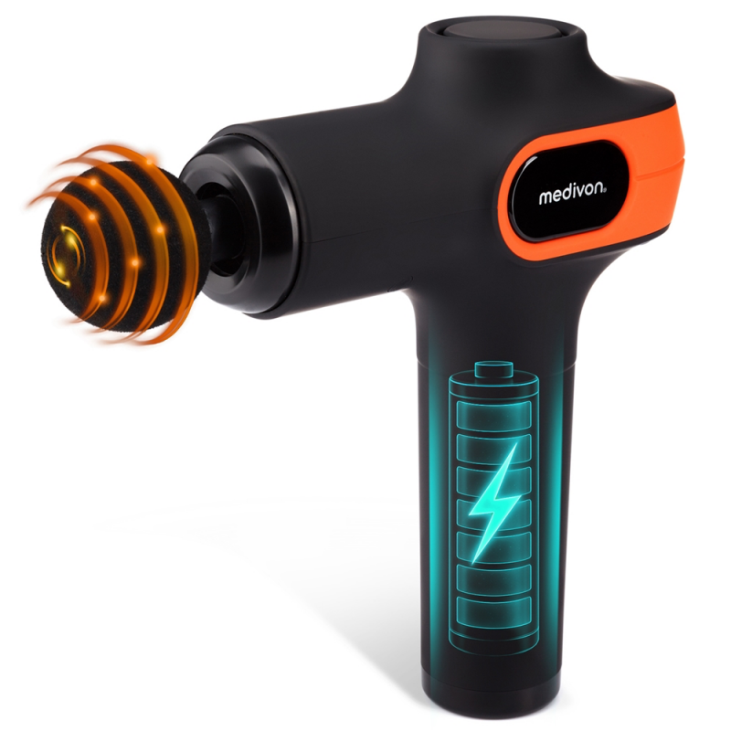 Pistol de masaj Medivon Gun Vital, 18W, Perkusionen / masaj cu vibrații, 6 masaje, Zagryavane, drenaj limfatic, Stagane, Negru / portocaliu